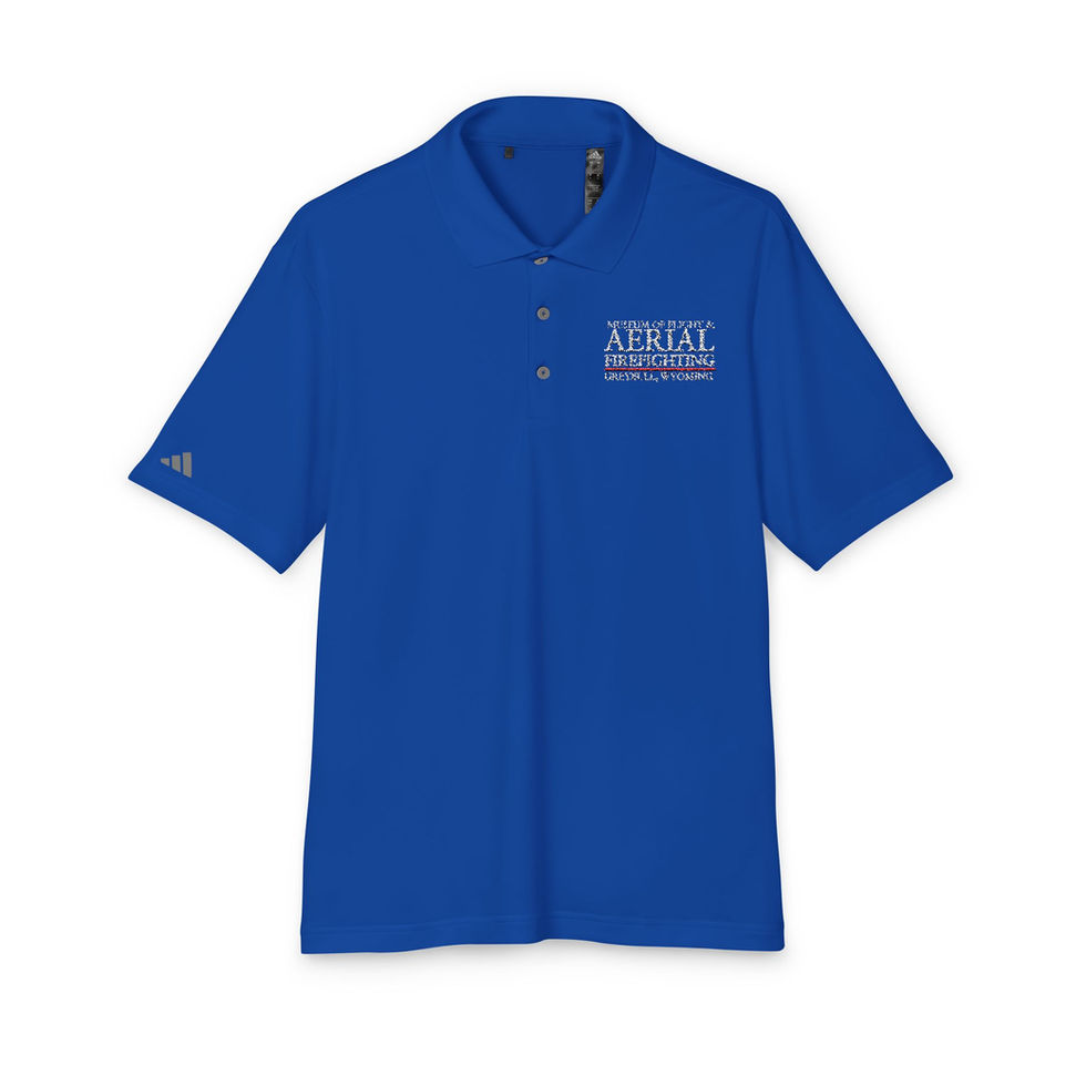 Blue Adidas polo shirt with Museum of Flight & Aerial Firefighting Orvis, WY embroidery