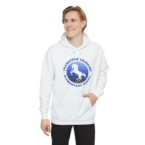 Man in white Grapple Crossing Elementary hoodie