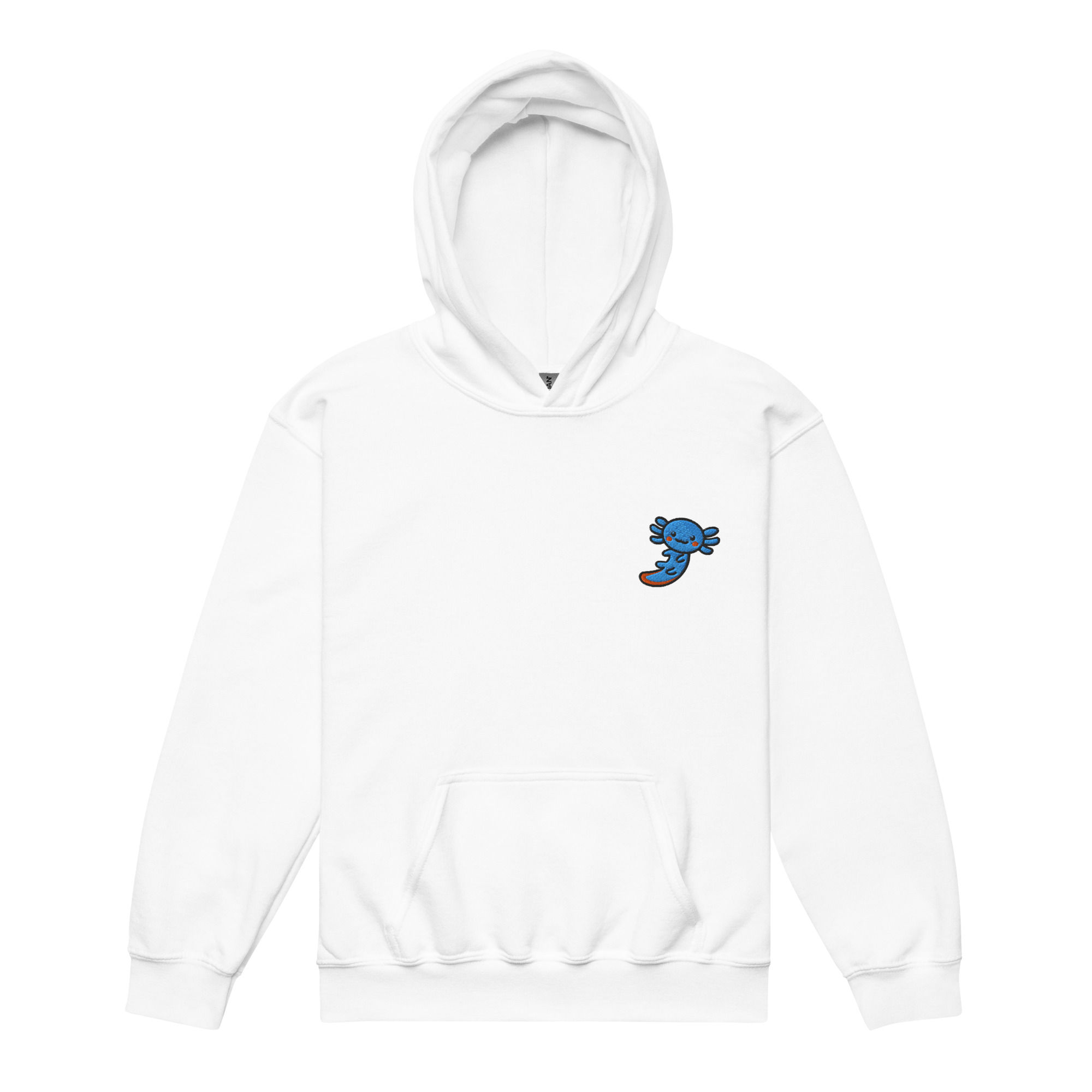 Embroidered Teal Axolotl Hoodie | Youth | White