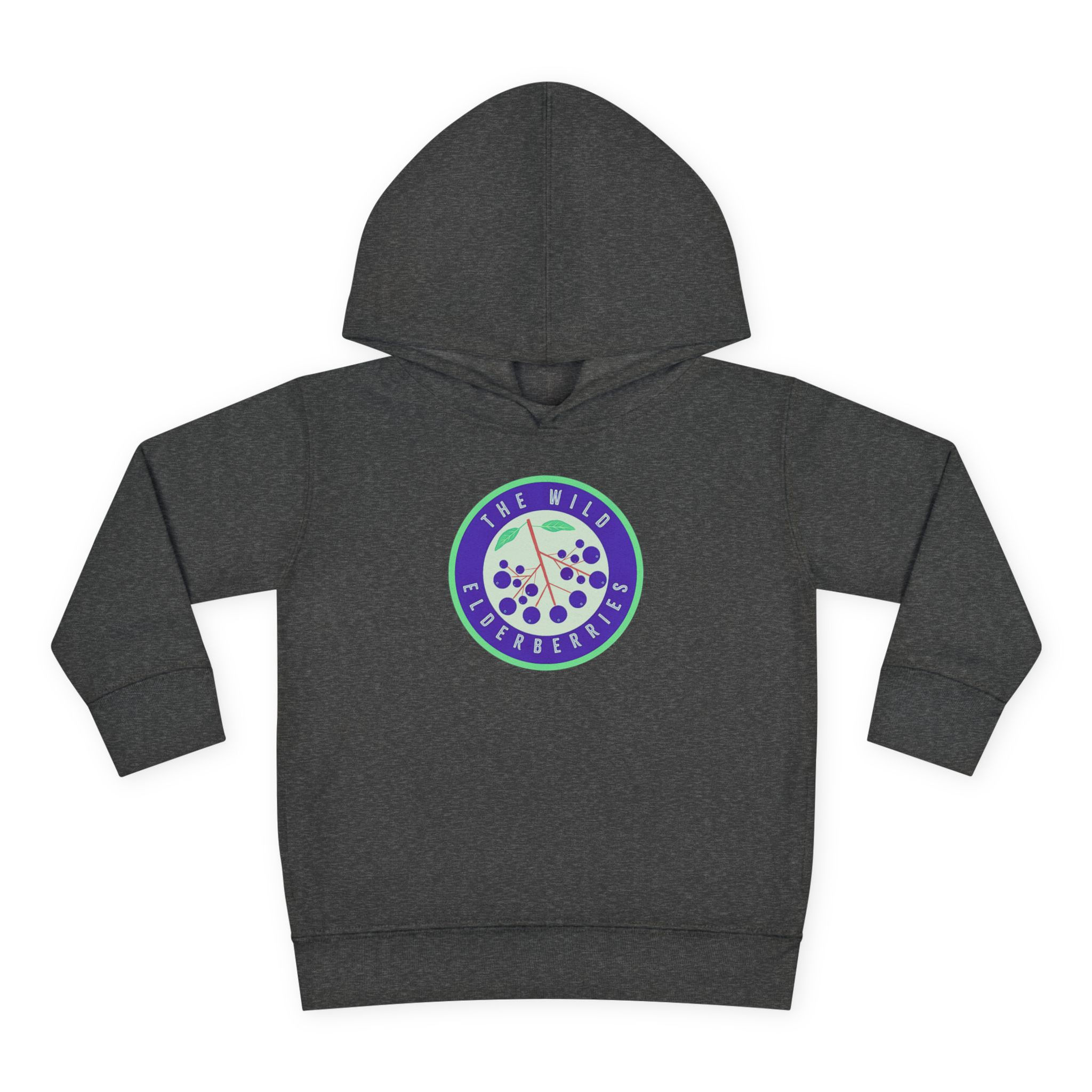 Gray toddler hoodie featuring "The Wild Elderberries" design