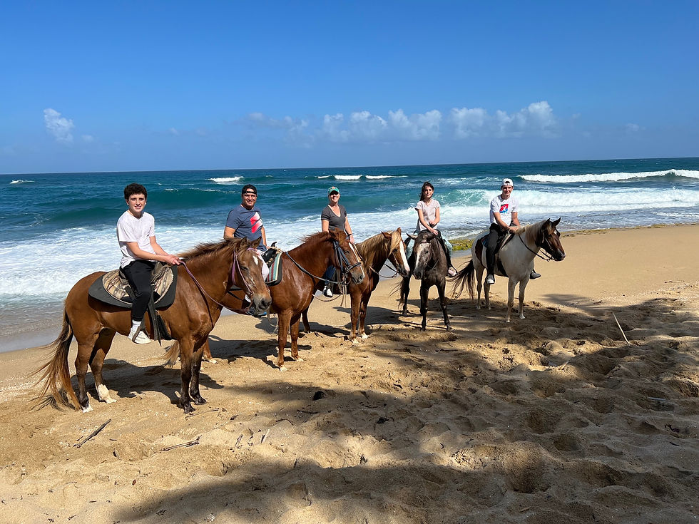 family riding horses on the beach