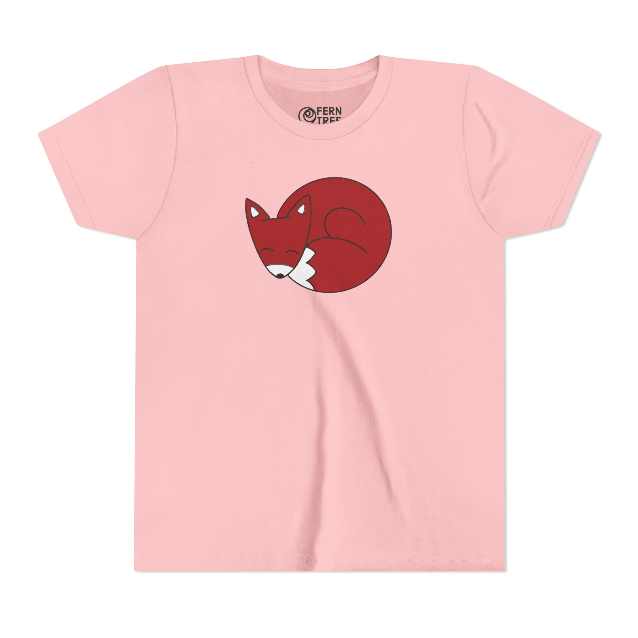 Pink t-shirt with a red sleeping fox design, FernTree