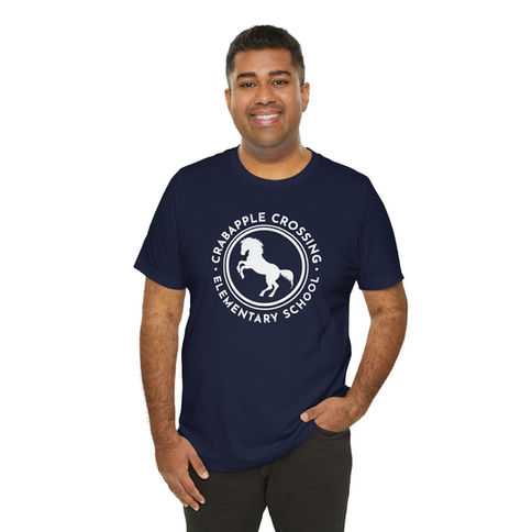Man modeling navy blue Crapple Crossing Elementary School t-shirt