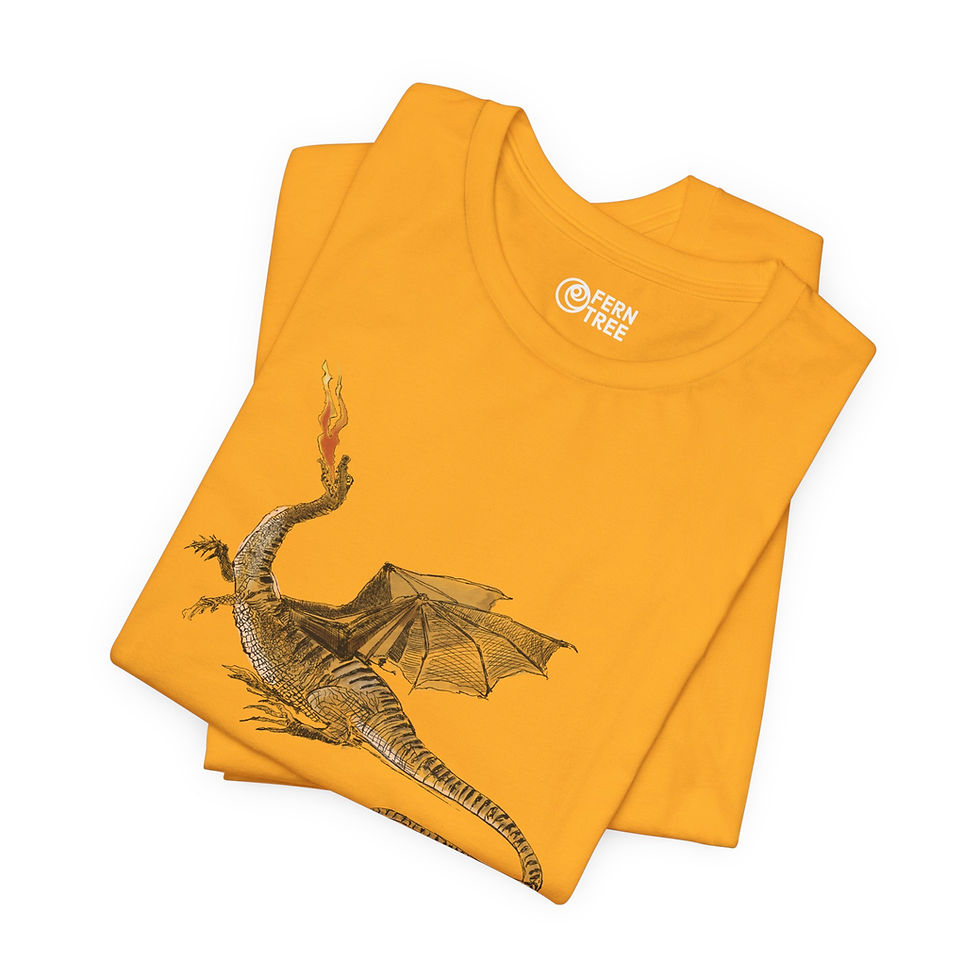 Folded yellow t-shirt featuring a dragon design and FernTree logo