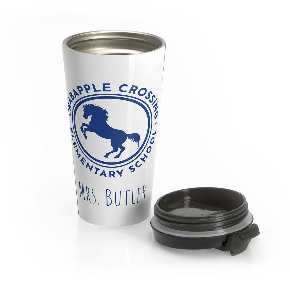 White travel mug with Pineapple Crossing Elementary School logo and Mrs. Butler's name
