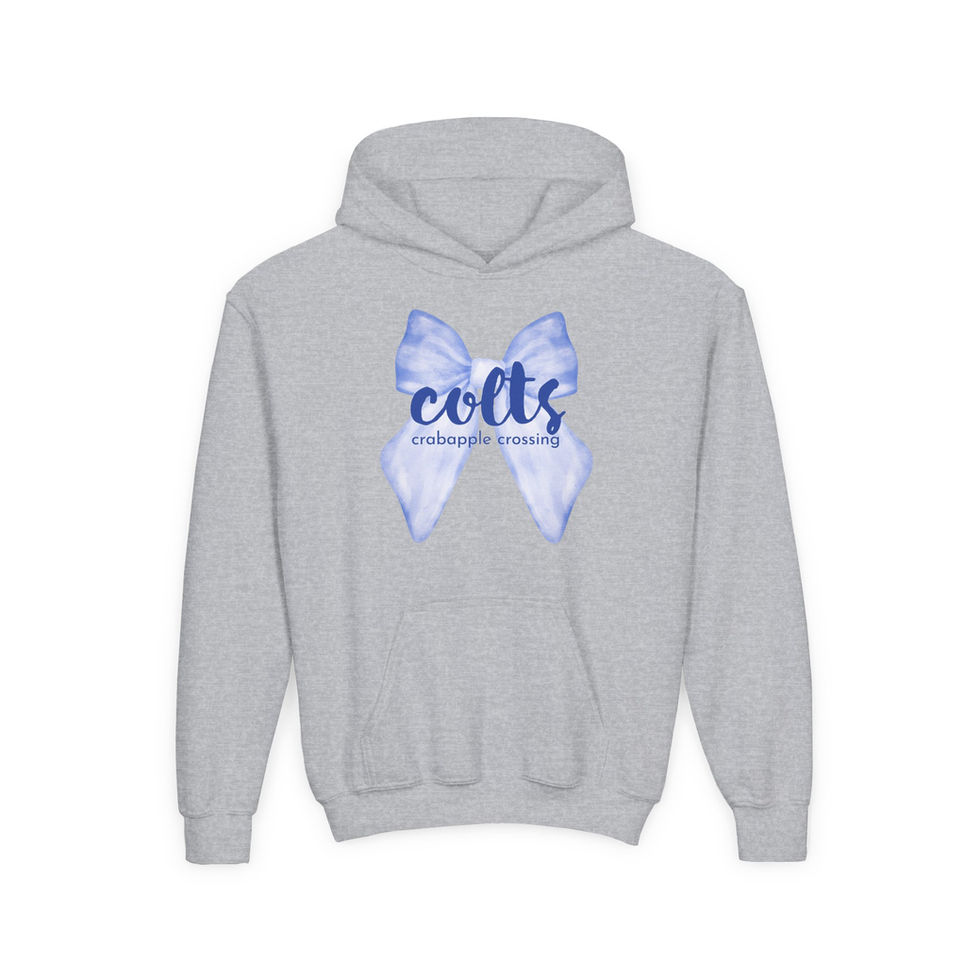 Gray Colts hoodie with blue coquette bow watercolor bow for CCES crabapple crossing