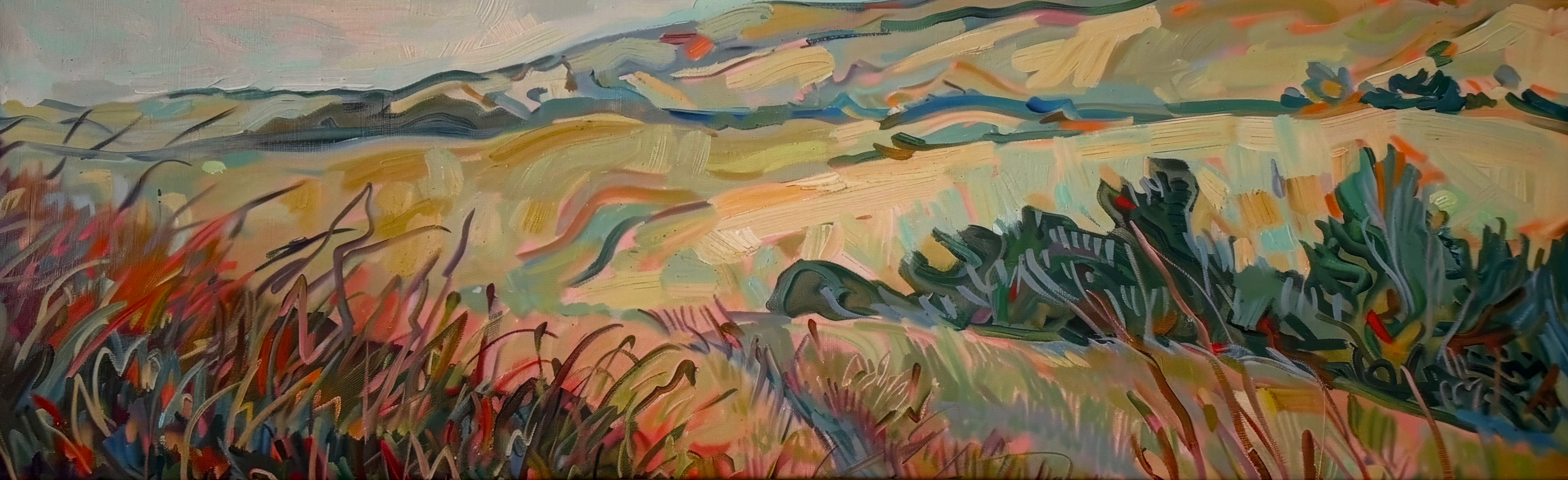 Abstract landscape painting of rolling hills with colorful brushstrokes and tall grass.