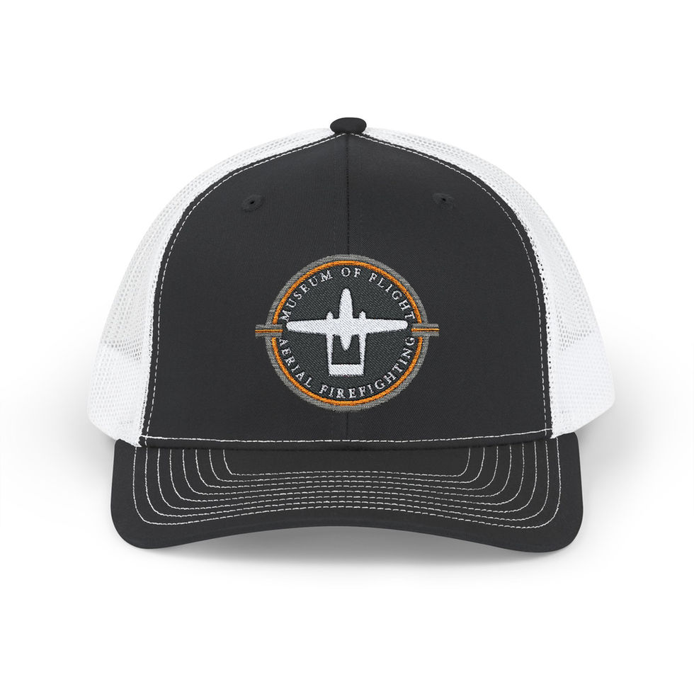 Black trucker hat with Museum of Flight logo
