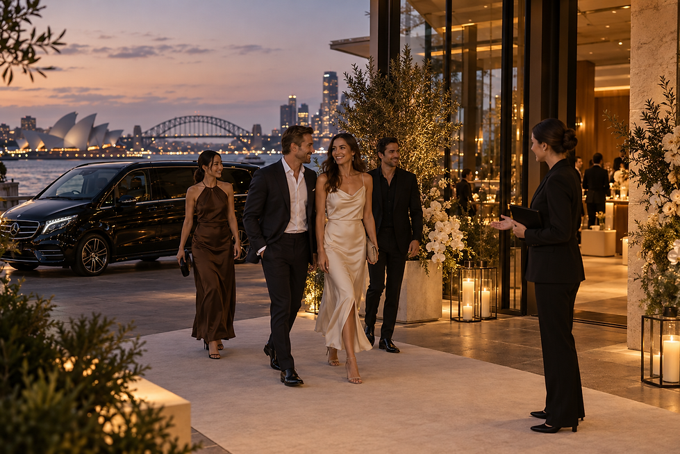 Guests arriving at a waterfront evening event with a Mercedes-Benz V-Class nearby, illustrating luxury brand activation transport.