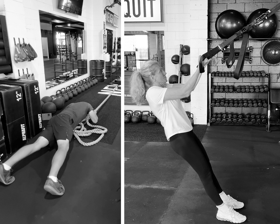 People doing exercise rehab and strength and conditioning work in a gym.