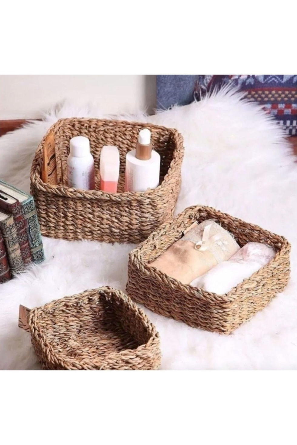 3'lü Kare Hasır Düzenleyici, Dekoratif Sepet , Natural Sepet