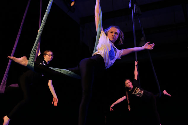 3 tween students pose while performing on aerial sling, one with blonde hair, one with glasses, and the third with a long brown braid. 