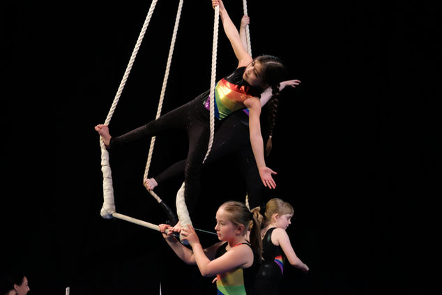 Two young aerial students, perhaps about age 5-7, perform on trapeze. One stands in the hoop while the second, a female bodied girl, holds the trapeze from below. 