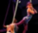 A young female bodied student leans with her belly on an aerial sling, wearing a galaxy printed leotard.
