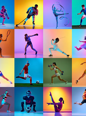 Dynamic collage of athletes in action across various sports training in neon light against