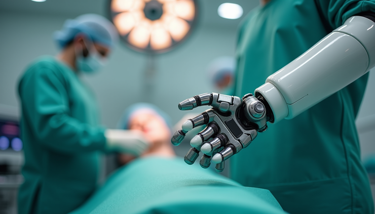 Close-up view of a robotic arm positioned over a knee joint model in a surgical setting