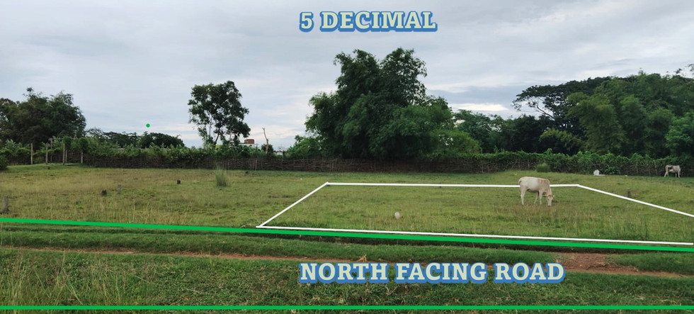 Green field with text 5 DECIMAL, NORTH FACING PLOT; spacious area.