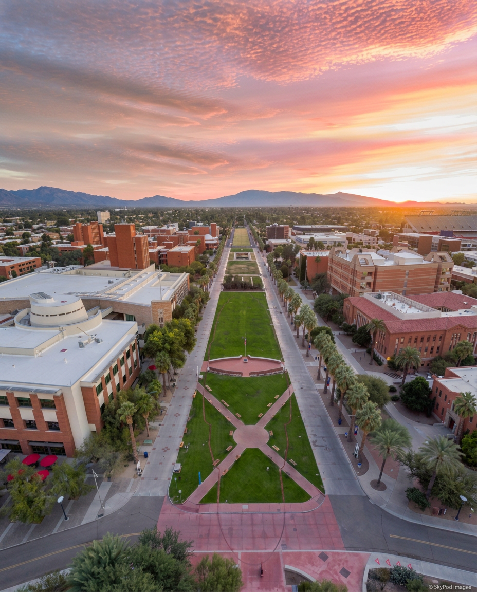 Aerial photography of a wide university campus lawn lined with palm trees under a colorful sunset sky. The scene captures a serene and expansive view of academic buildings and distant mountains.