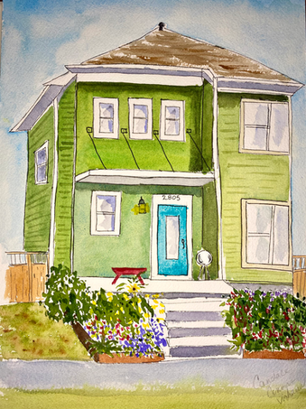 Water color painting of a green house with a blue door
