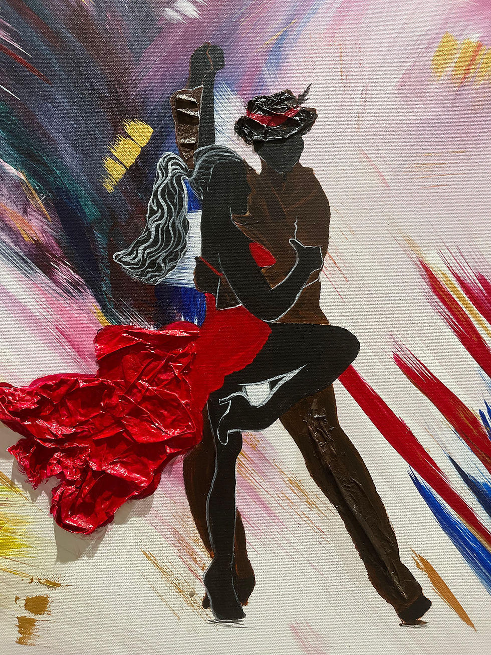 Thumbnail: Zoomed details of mixed media of salsa dancers