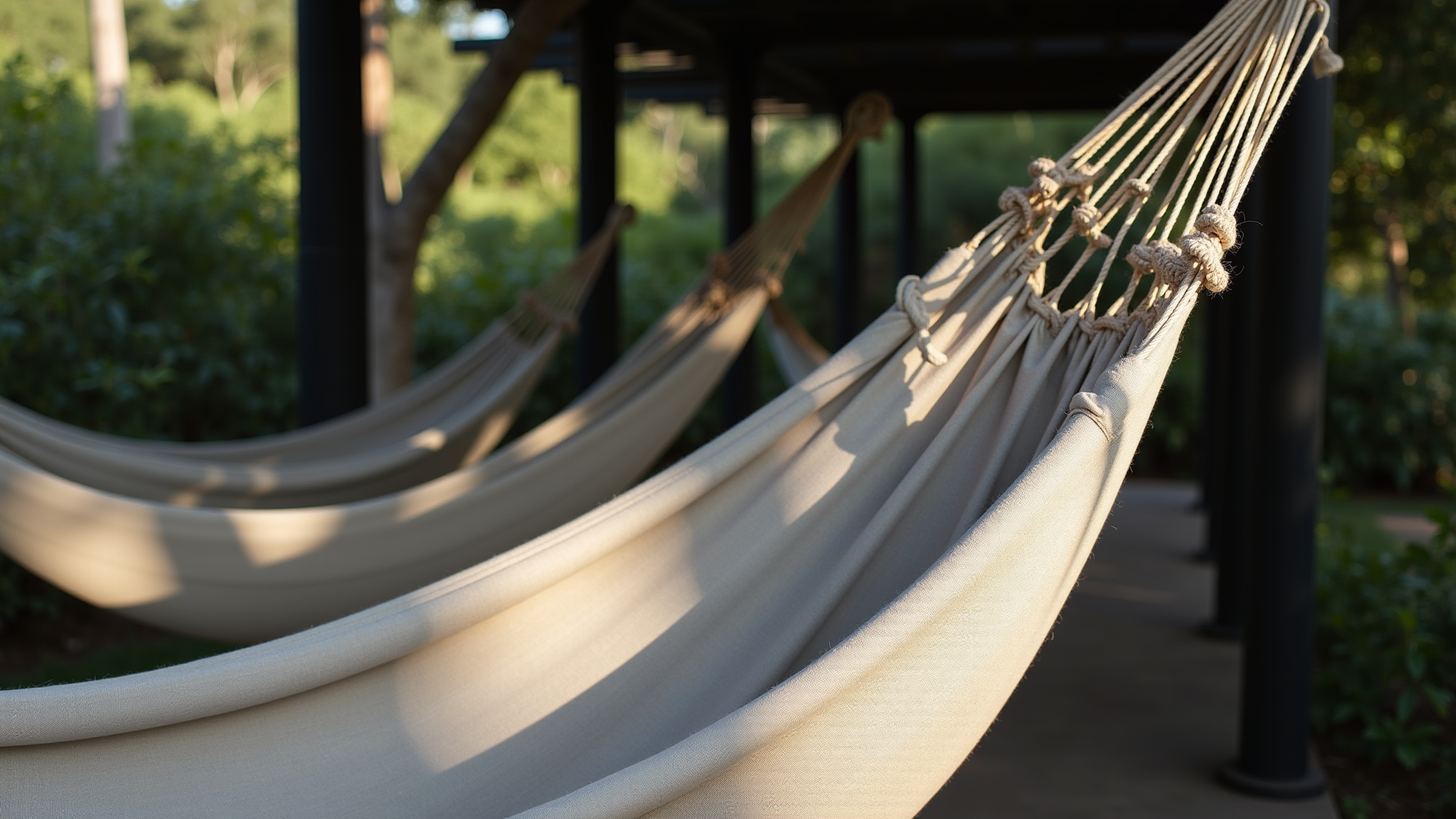 Redário da Voilà House ao entardecer: redes de descanso alinhadas sob estrutura sombreada, rodeadas pelo verde do cerrado — um convite silencioso ao corpo cansado e à mente que pede pausa