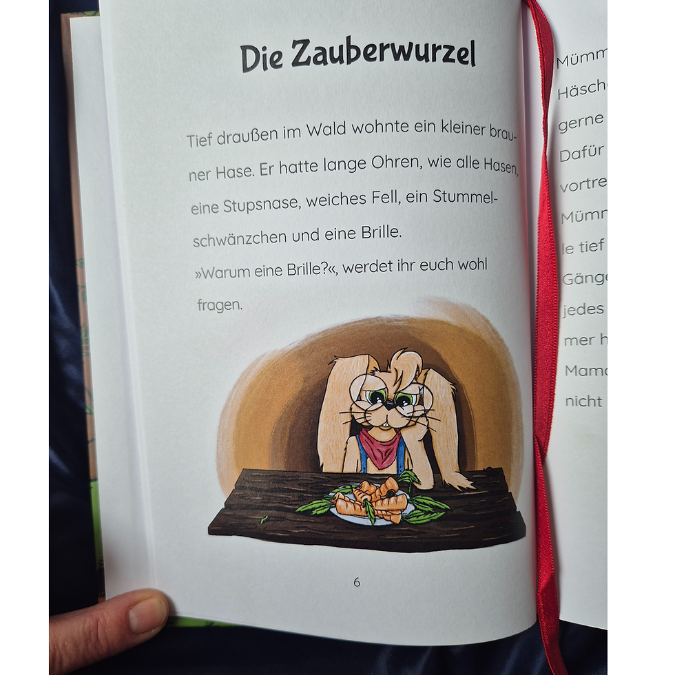 Miniaturbild: Blick ins Buch. Kapitel "Die Zauberwurzel", Hase Mümmli sitzt am Tisch lustlos vor seinem Frühstück, Karotten.