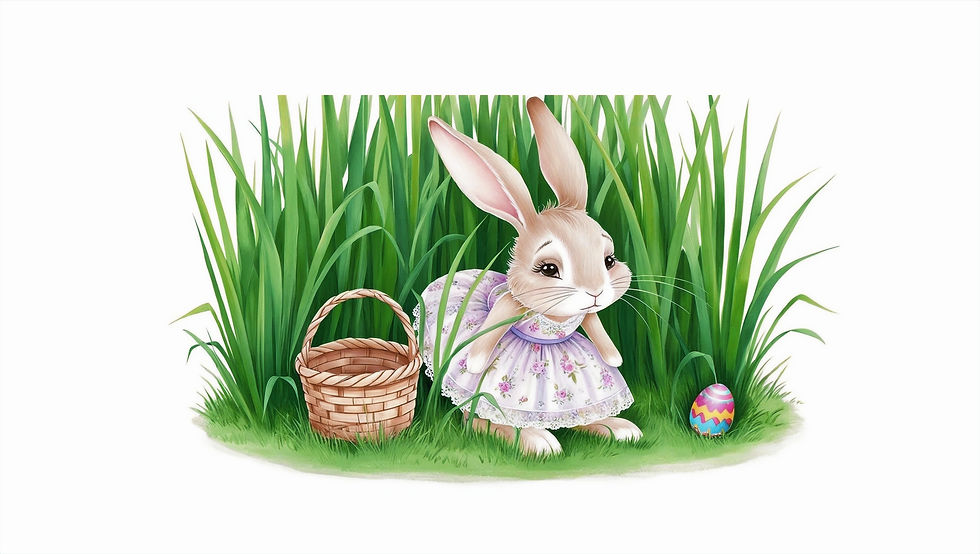 Hasenmädchen in einem Kleidchen im hohen, grünen Gras, links ein leerer Korb, rechts ein bunt bemaltes Osterei