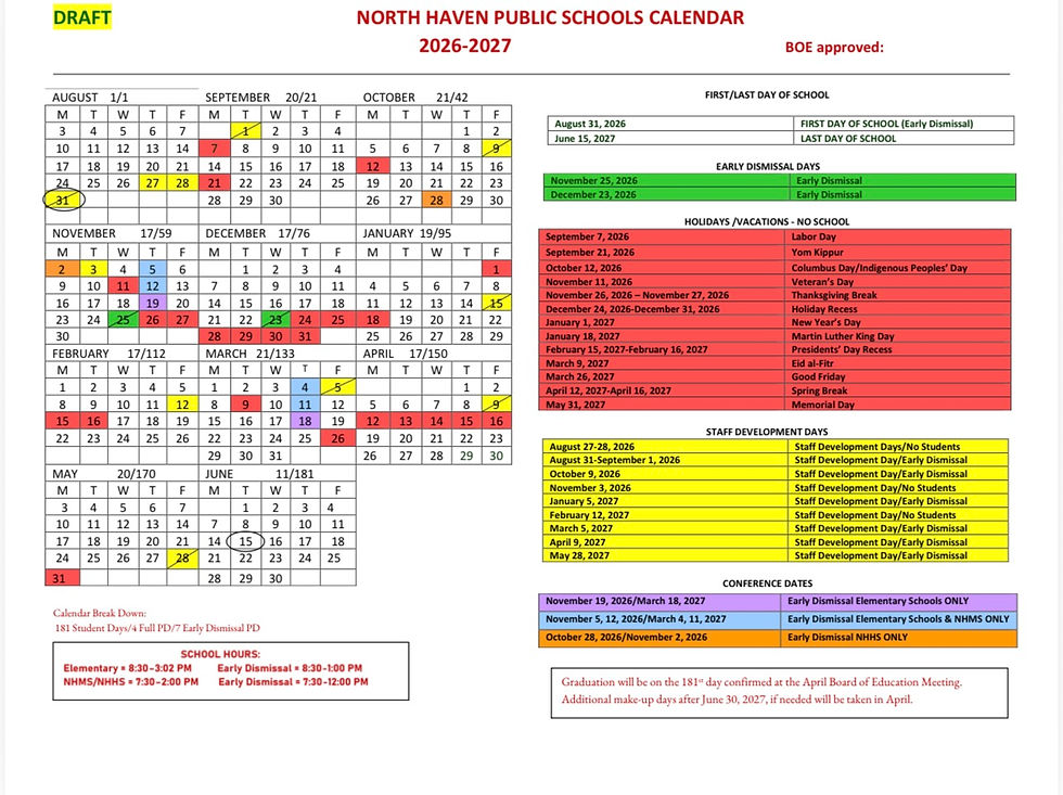 The calendar voted on by the BOE for the 2026-2027 school year