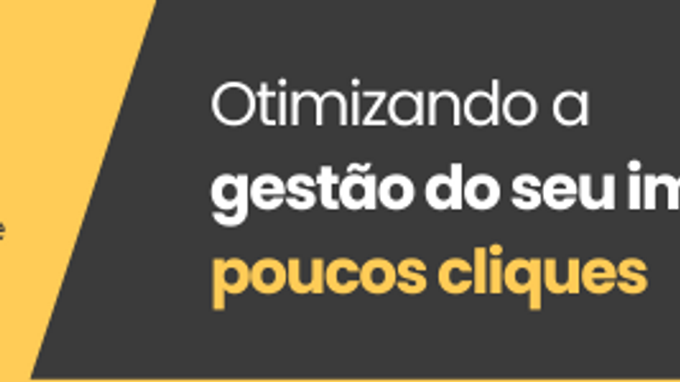 Banner promocional em fundo amarelo e cinza escuro, destacando "gestão do seu imóvel em poucos cliques". Texto sobre administração de locação.