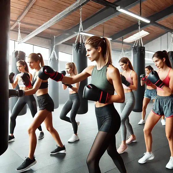 DALL·E 2024-07-19 14.23.26 - A group of women boxing in a gym, wearing boxing gloves and h
