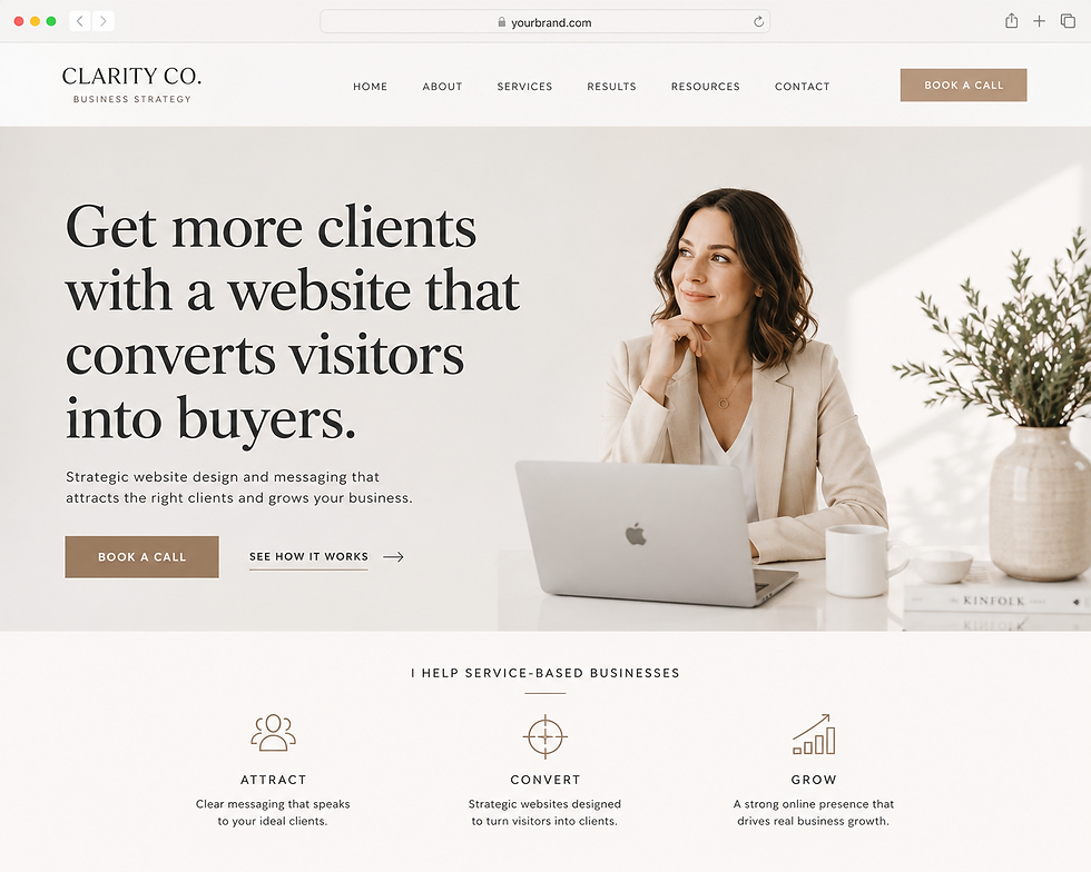 Homepage for a business strategy and website design company called Clarity Co. The page features a clean, minimalist layout with a neutral color palette. A large headline reads, "Get more clients with a website that converts visitors into buyers," accompanied by supporting text about strategic website design and messaging. Two call-to-action buttons invite visitors to book a call or learn more about the process. To the right, a professional woman sits at a desk with a laptop, smiling thoughtfully. The navigation menu includes Home, About, Services, Results, Resources, and Contact, with a prominent "Book a Call" button. Below the hero section, three service pillars highlight attracting ideal clients, converting visitors into customers, and growing a business through a strong online presence. The design emphasizes clarity, professionalism, and conversion-focused messaging.