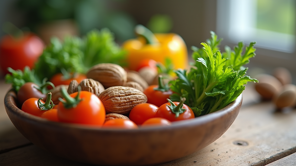 Eye-level view of a bowl with fresh vegetables and nuts
