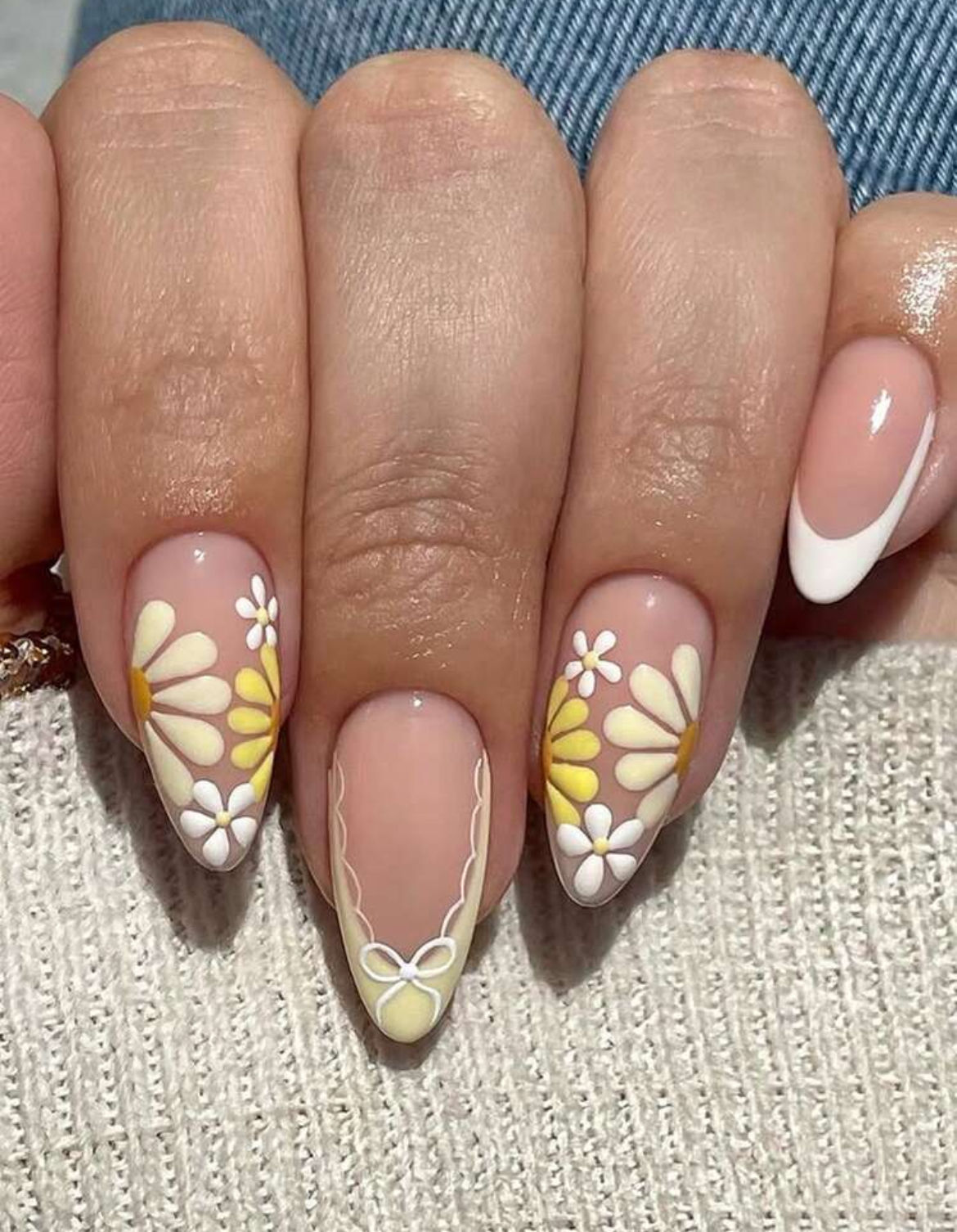 Yellow Floral French Tip Press-On Nails (Almond)