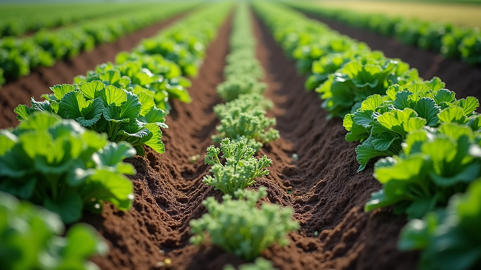High angle view of a small farm plot with rows of vegetables