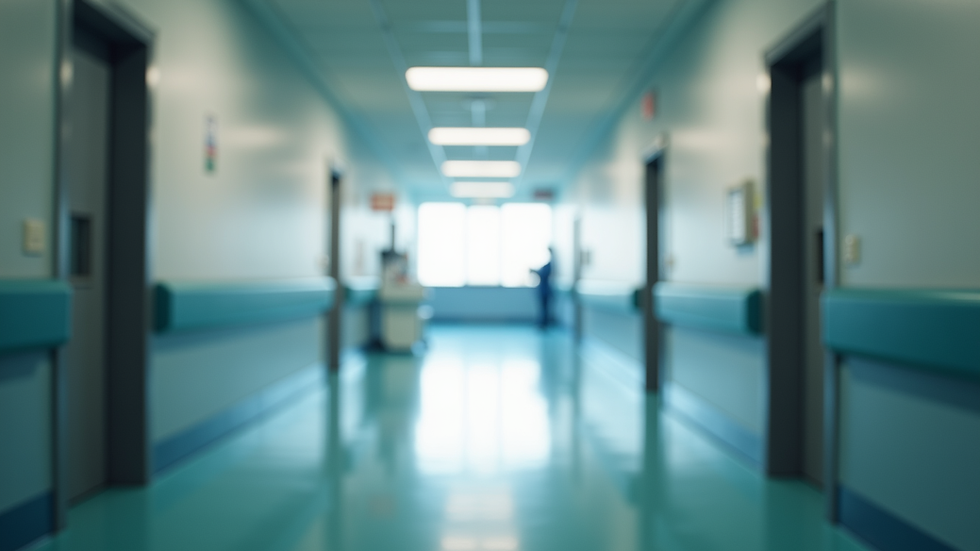 eye-level view of a calm hospital corridor with natural light