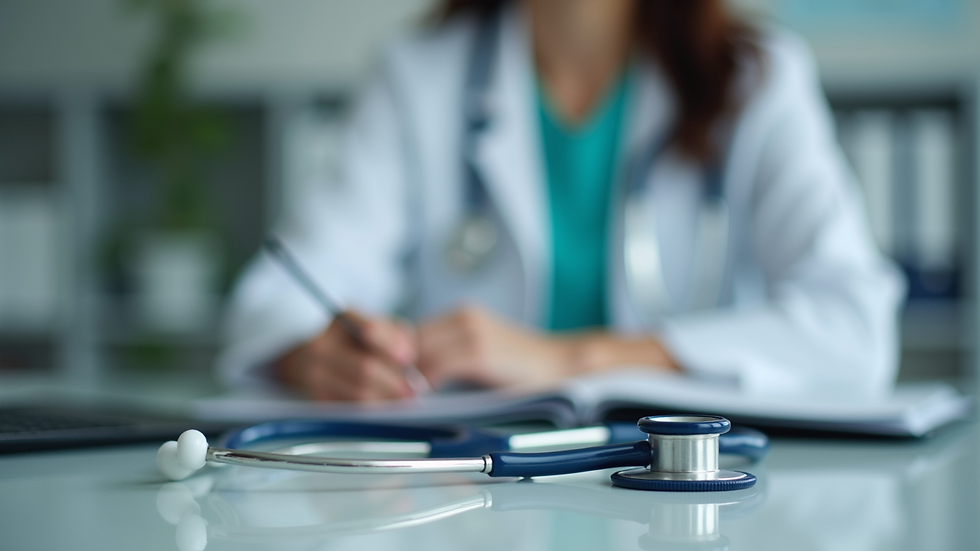 Close-up view of a nurse's badge and stethoscope on a desk