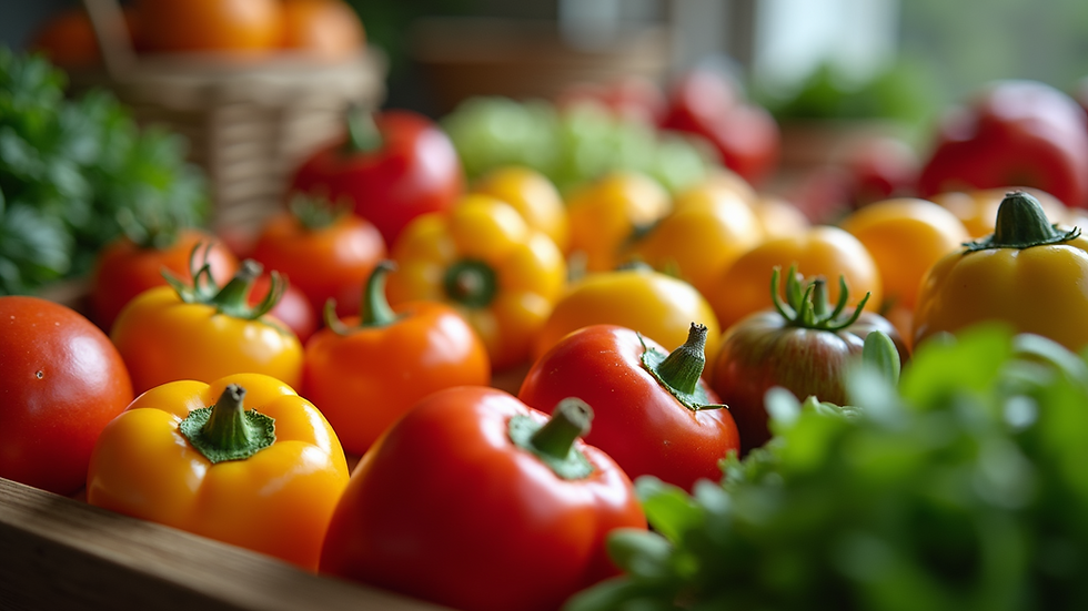 Close-up view of a natural food display featuring vibrant fruits and vegetables