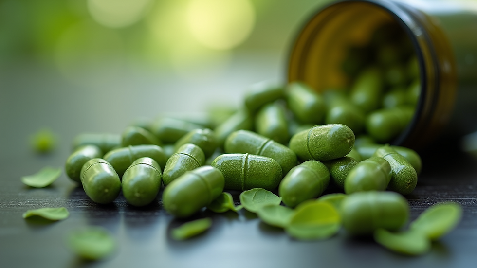 Close-up view of a handful of green plant-based capsules