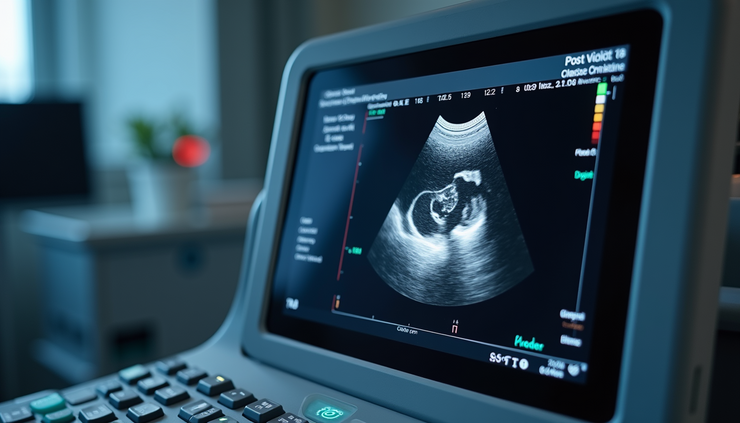 Close-up view of a medical ultrasound device displaying bladder scan results
