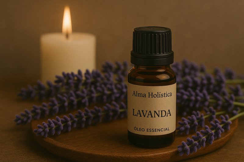Um frasco de oleo essencial de lavanda proximo a um ramo de lavanda e uma vela ao fundo