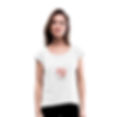 A woman wears a white t-shirt which has a cartoon image of a brain. A big bubble inside the brain captioned 'musical theatre' occupies most of the space. A small bubble that says 'everything else' occupies whatever space is left in the brain