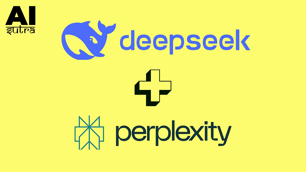 Logos on yellow; AI Sutra in black, deekseek with blue whale, perplexity with geometric icon, and a black-yellow plus sign in center.