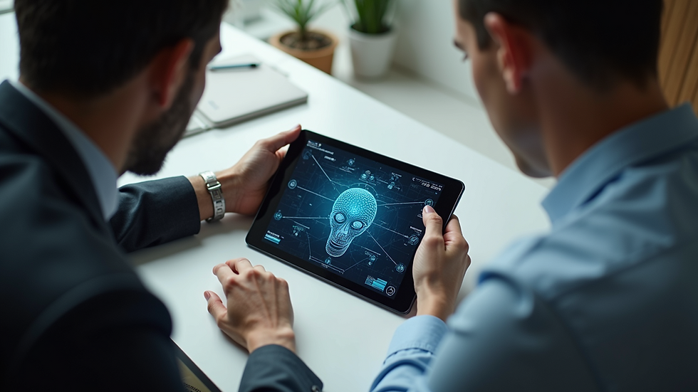 High angle view of a business meeting discussing AI strategy on a tablet