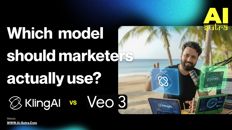 Man on beach with tablet holograms, smiling with microphone. "Which model should marketers actually use?" text; KlingAI vs Veo 3.