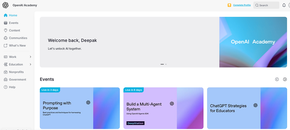 OpenAI Academy dashboard with welcome message, menu on left, and colorful event cards. Includes "Promoting with Purpose" and "Build a Multi-Agent System".