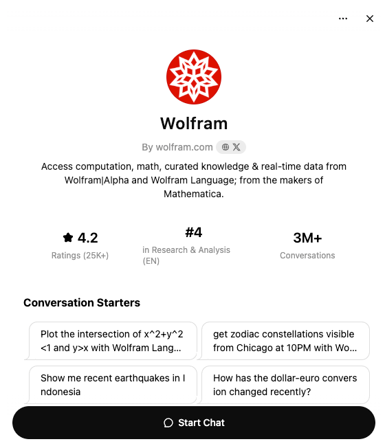 Wolfram app screen with red logo, ratings, and math prompts. Options include plotting intersections and viewing constellations. Start Chat button below.