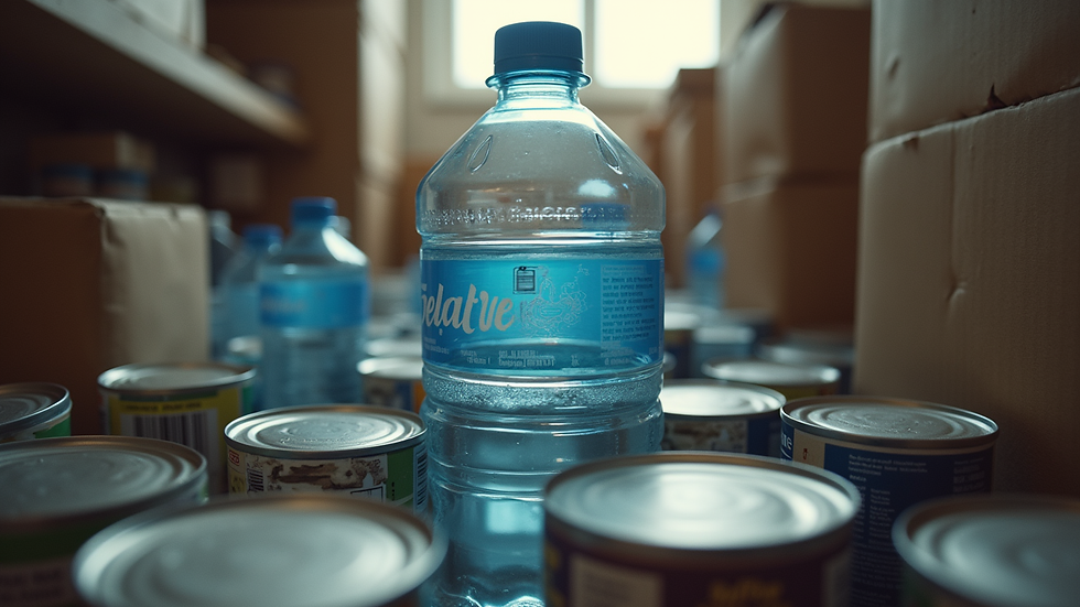 Eye-level view of emergency supplies including water bottles and canned food