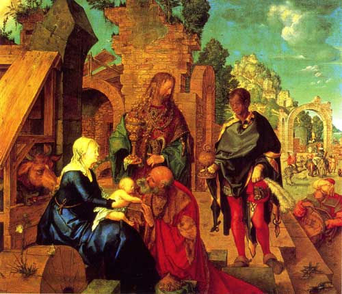 adoração dos reis magos, que trouxeram presentes pra Jesus.