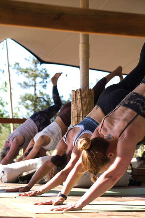 Clients practice morning Vinyasa Flow at Ananda Yoga Retreats Ibiza