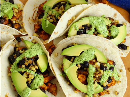Sweet potato tacos with roasted corn and cilantro crema